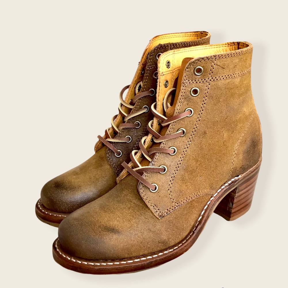 Frye Sabrina 6G Tan Suede/Leather Lace Up Wood Heeled Combat Moto Ankle Booties - Picture 13 of 16